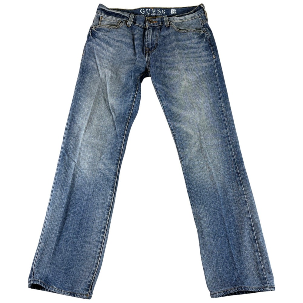 GUESS Los Angeles Lincoln Slim Jeans Men 30 Blue Denim Faded Rugged Straight Leg